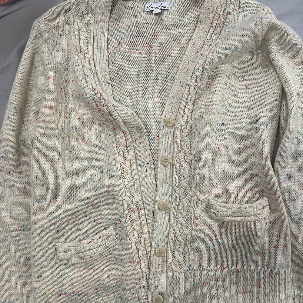 Kim Rogers Cream Speckled Cable-Trim Button Cardigan